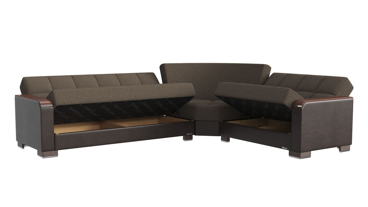 Ottomanson Armada X - Upholstered Convertible Wood Trimmed Sectional With Storage - Brown PU Polyester