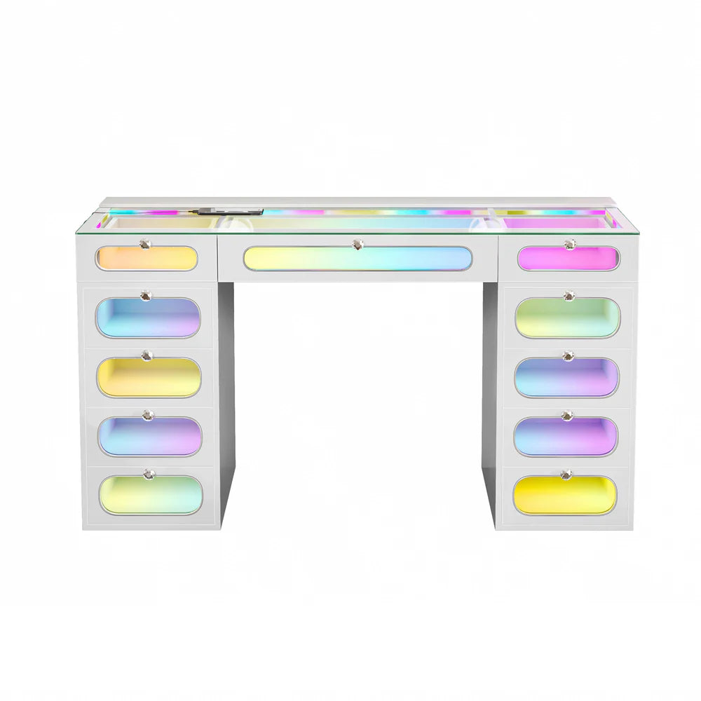 Priscilla Vanity Desk-11 Glass Fronted Drawers with Crystal Handles
