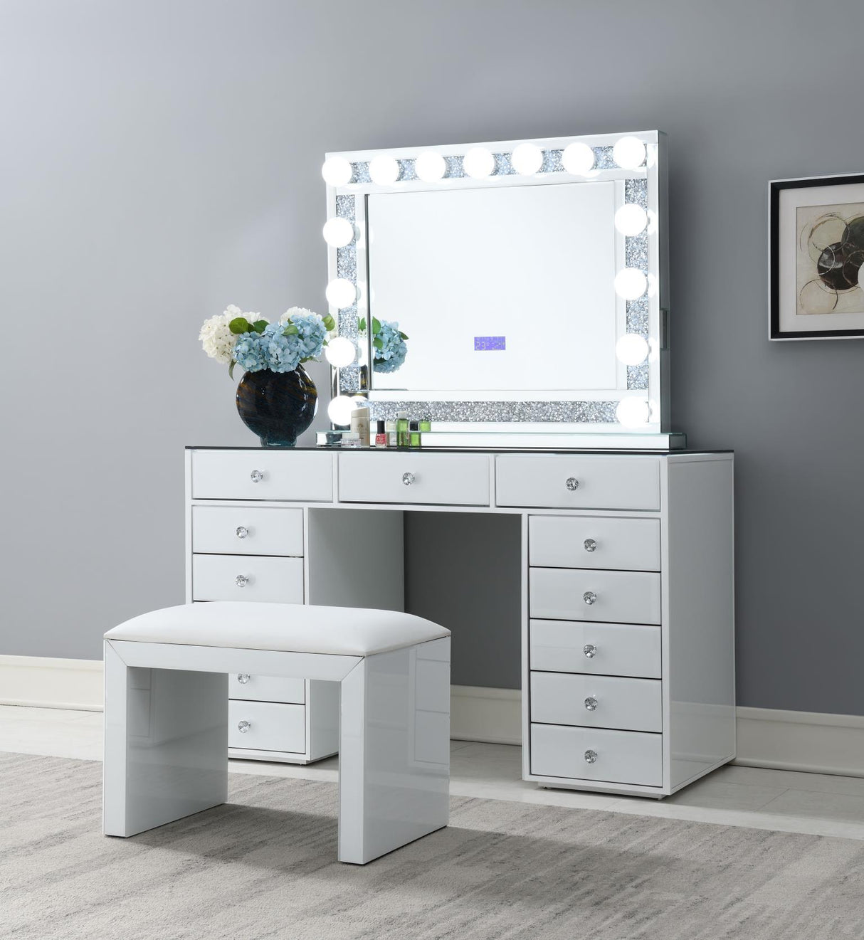 G-315 - Glamour Vanity Set (MDF Dresser + Mirror Bluetooth Speaker With Lights) - White