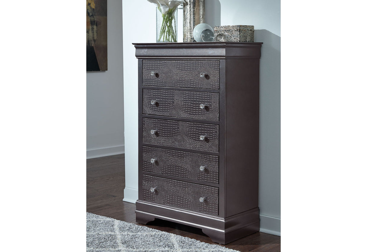 Pompei - 5 Piece Queen Bedroom Set (Bed With LED, Dresser, Mirror, 2 Nightstands) - Gray
