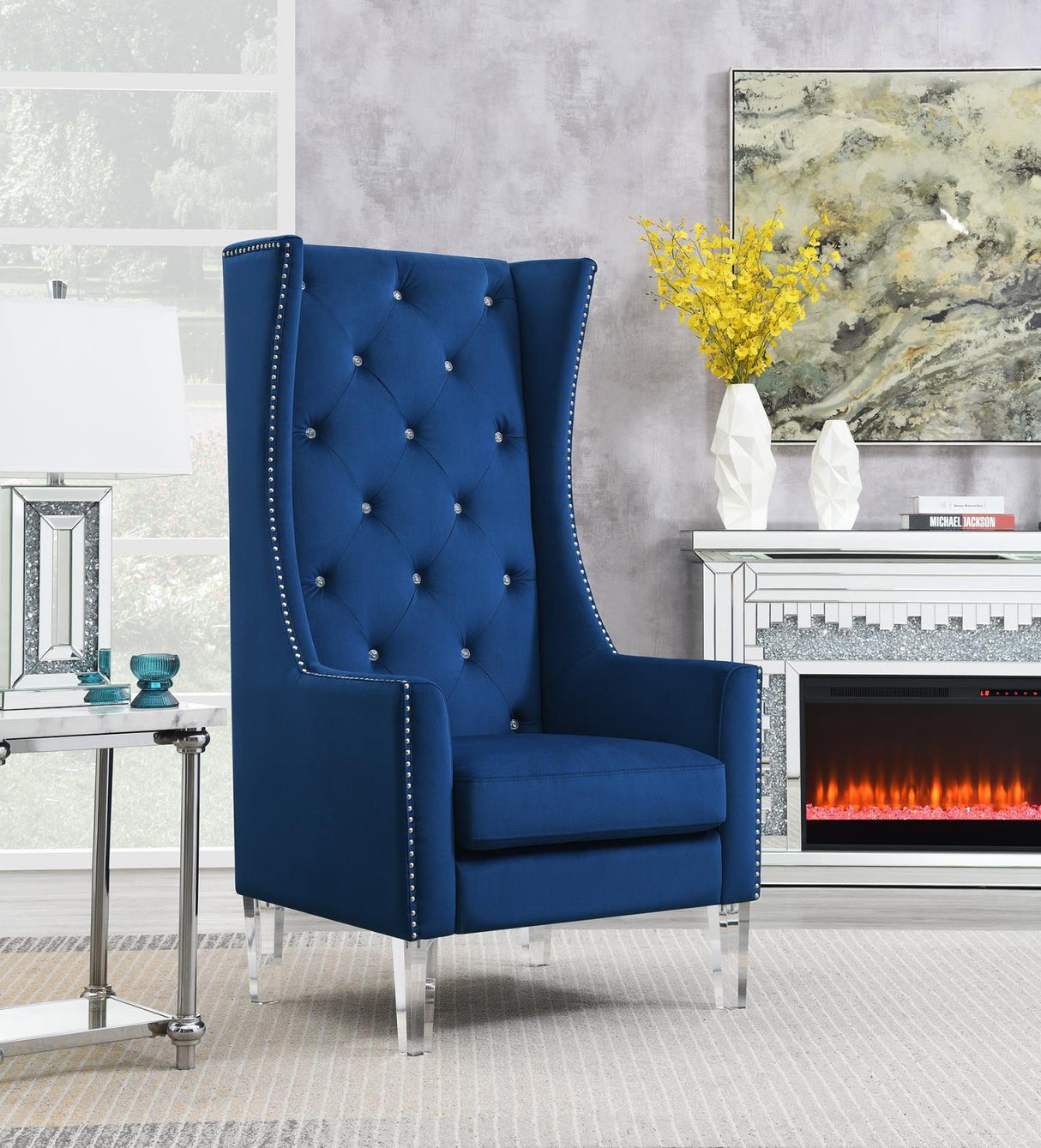 D2091 - High Back Velvet Wing Chair With Acrylic Legs