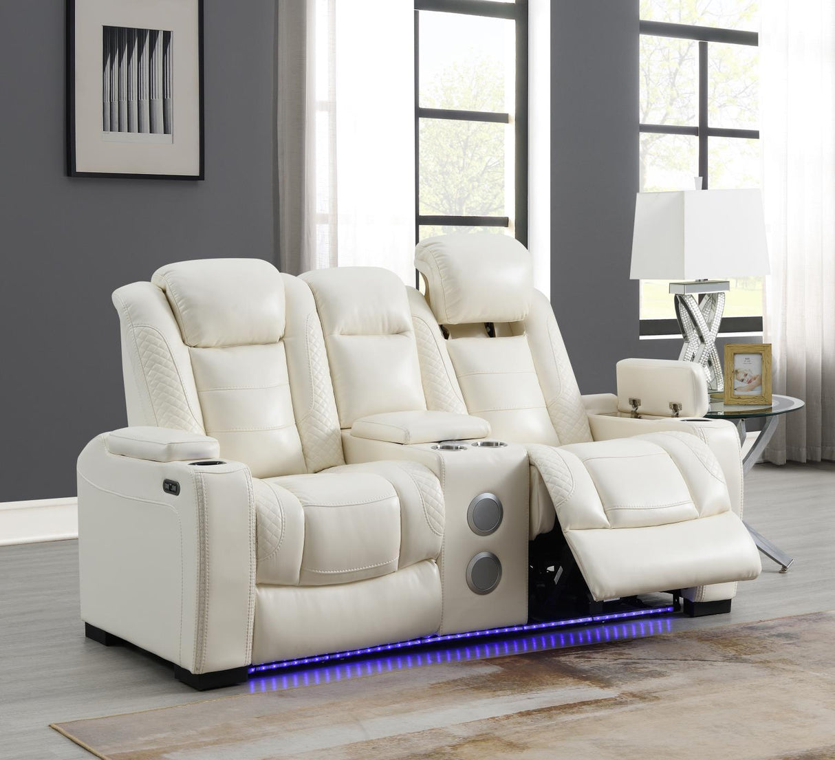 U94 - LED Power Reclining With Power Headrest, Bluetooth Speaker, And Drop Down Table Loveseat - White