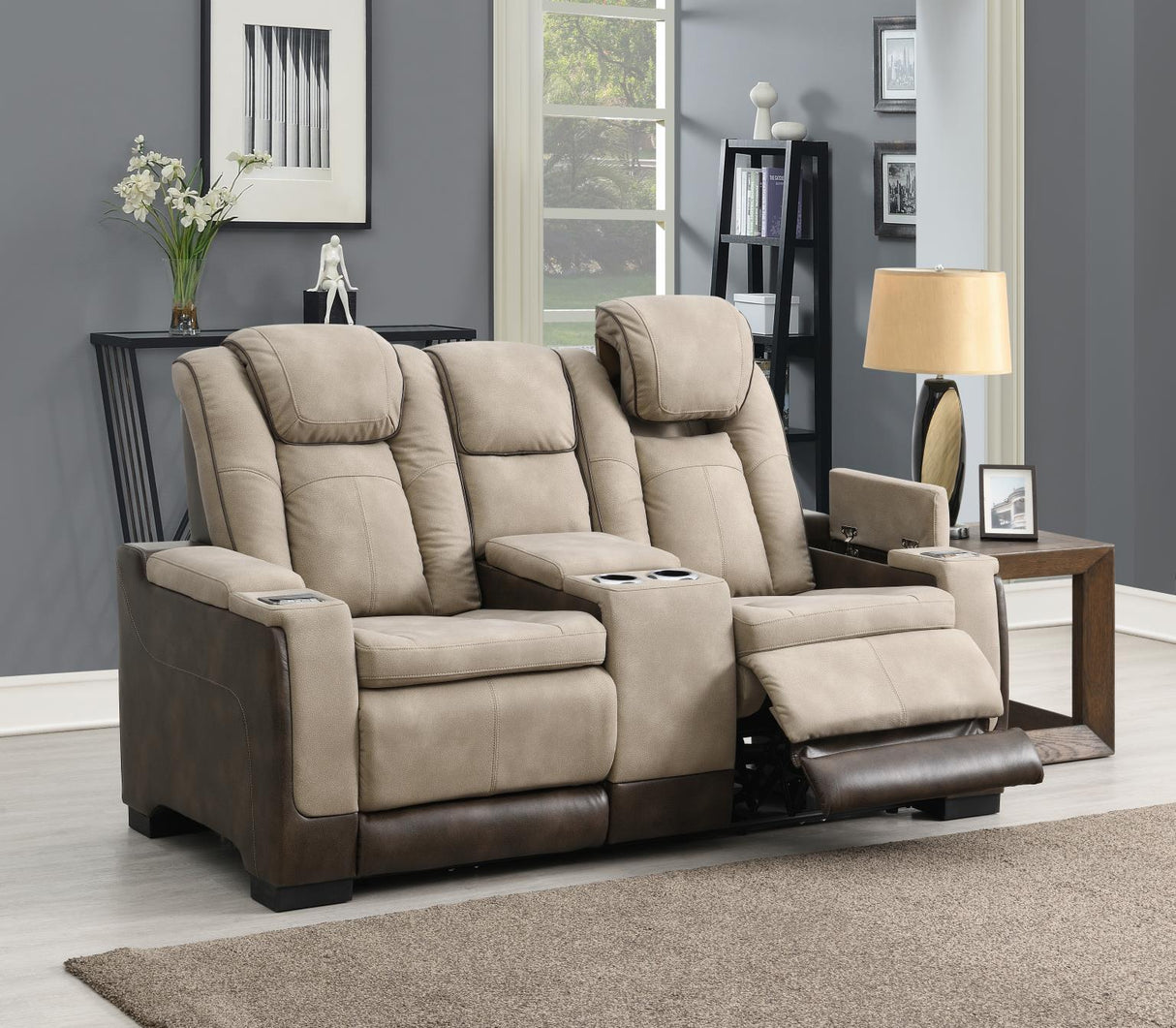 U78 - Power Reclining Loveseat With Power Headrest, Storage Arms / USB And Wireless Charger Chair - Sand / Brown