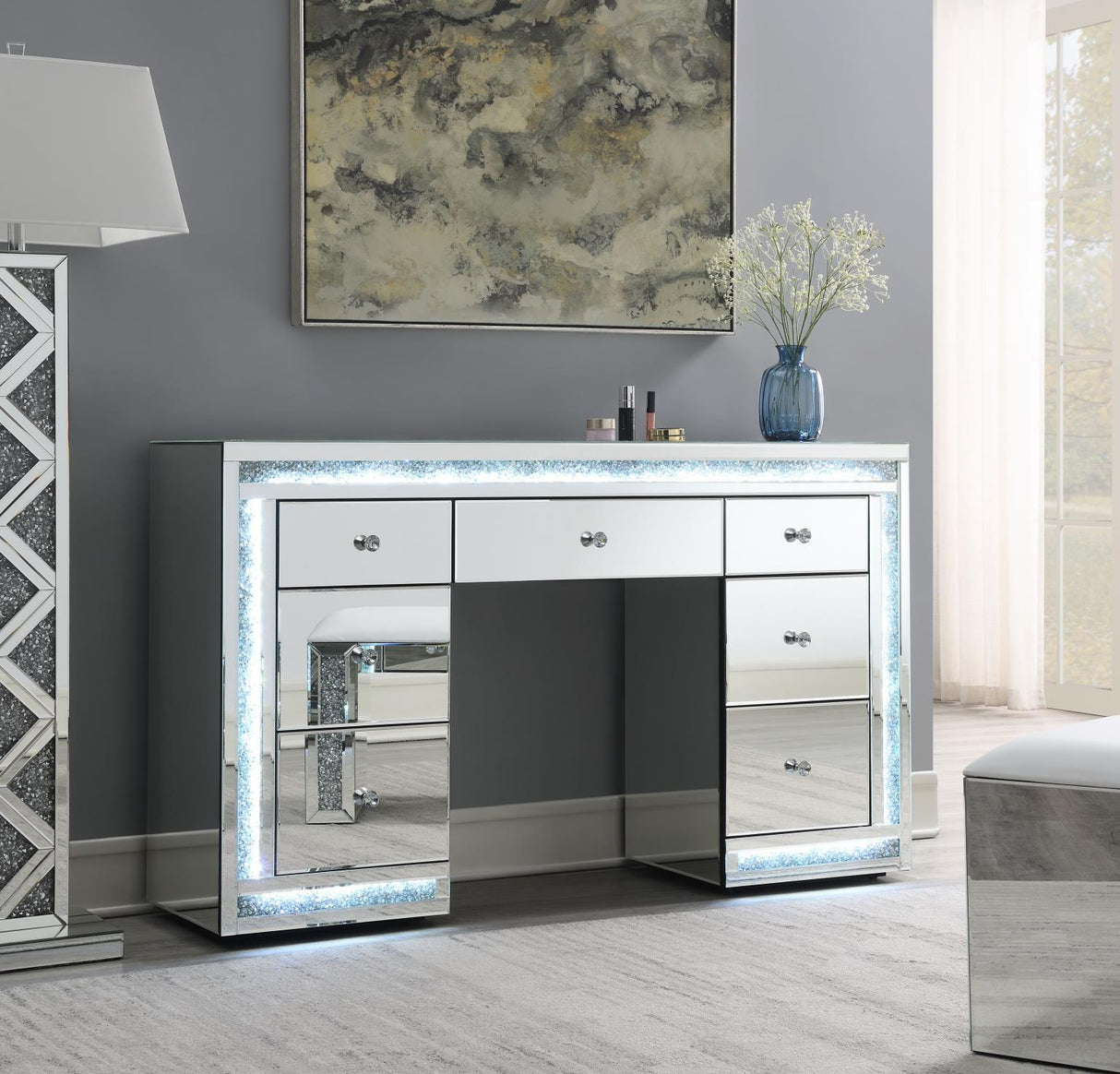 G-320 - Glamour Vanity Set (MDF Dresser + Mirror Bluetooth Speaker With Lights) - Pearl Silver