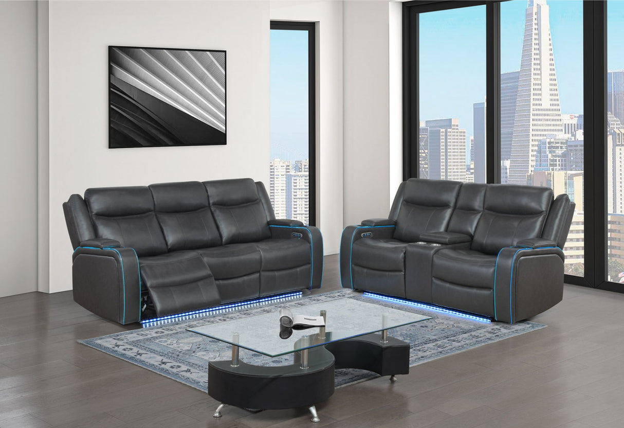 UM2768 - 3 Piece Living Room Set (Power Reclining Sofa, Power Console Reclining Loveseat And Recliner With Power Headrest And LED Accent Lighting) - Charcoal