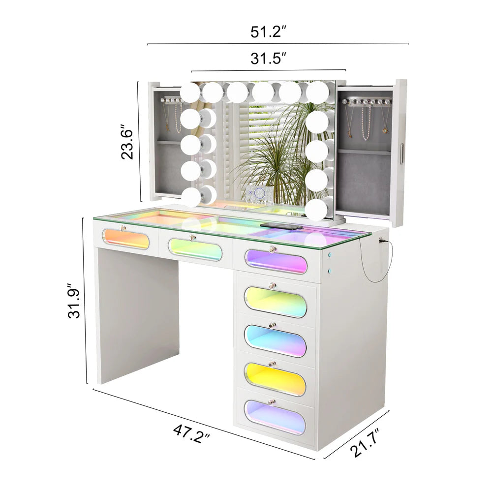 7 Glass Fronted Drawers with Hollywood Vanity Storage Mirror