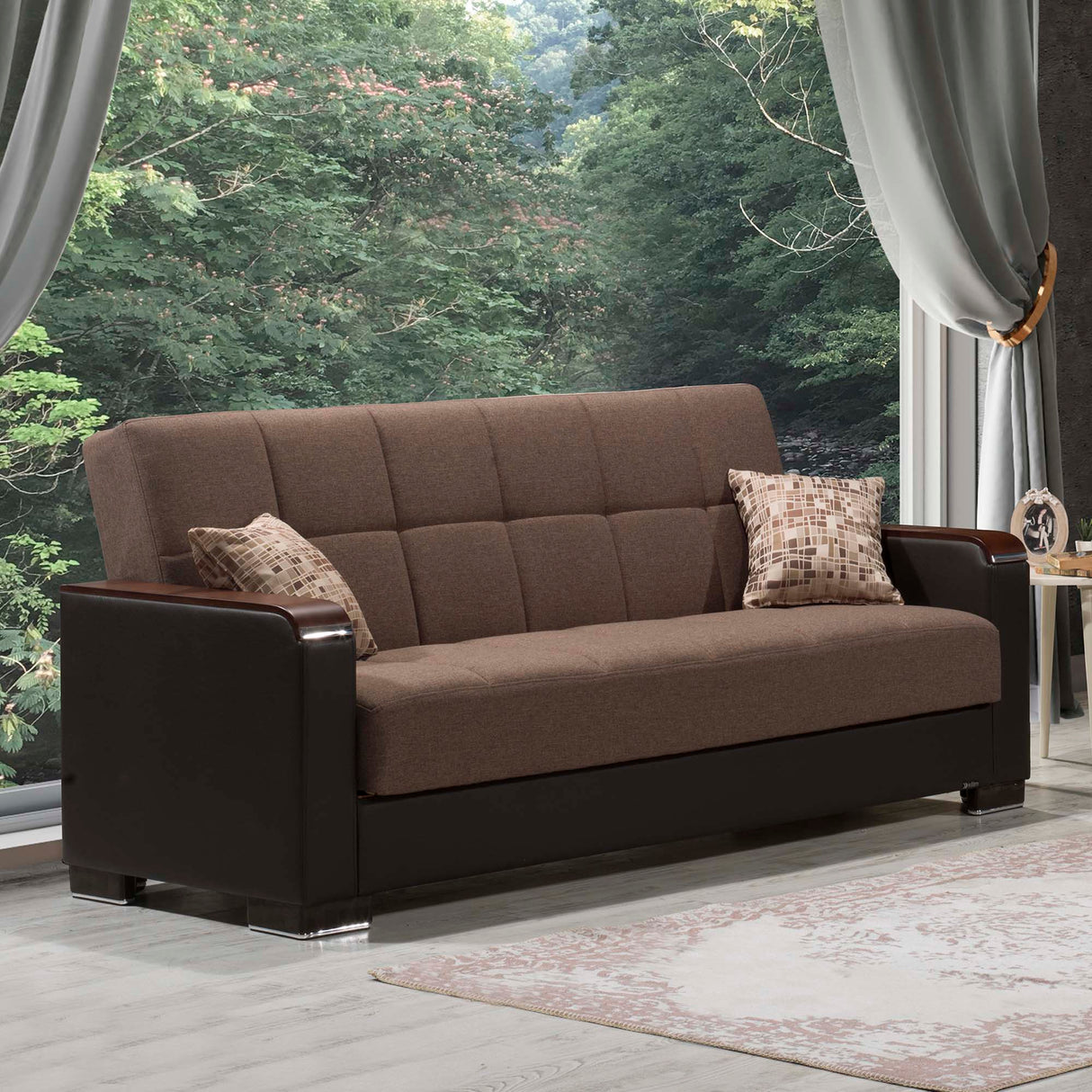 Ottomanson Armada X - Upholstered Convertible Wood Trimmed Sofabed With Storage - Brown PU Polyester