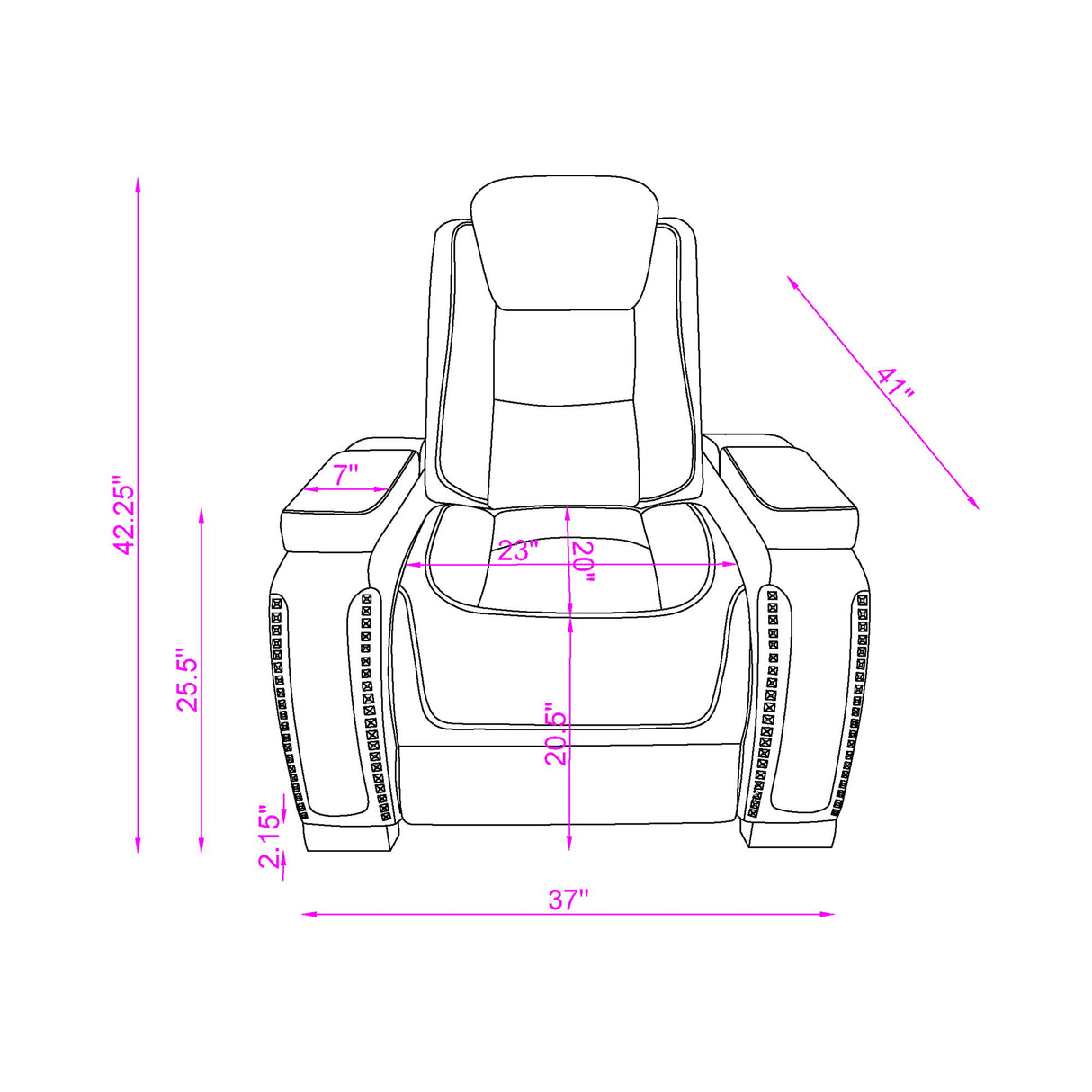 Power Recliner With Power Headrest And LED Bookshelf Arms, USB Charging - Grey