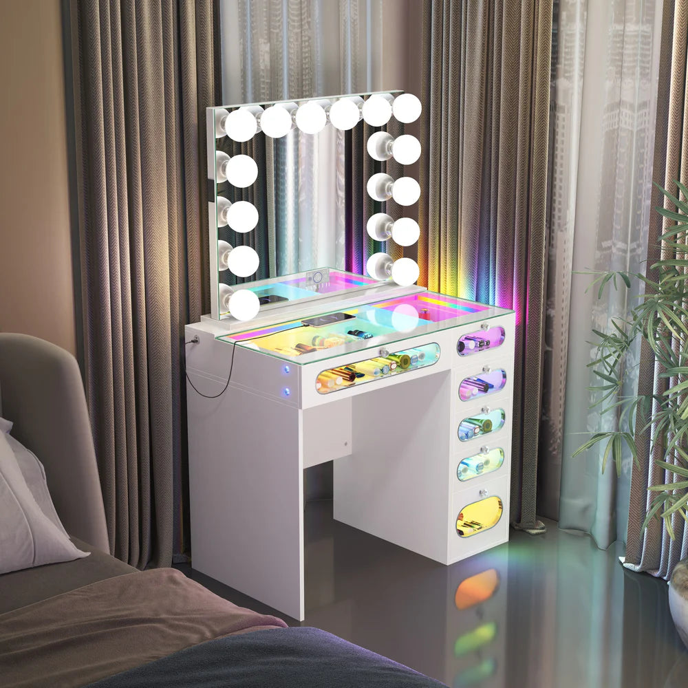 6 Glass Fronted Drawers Priscilla Vanity Desk with Marilyn Vanity Mirror