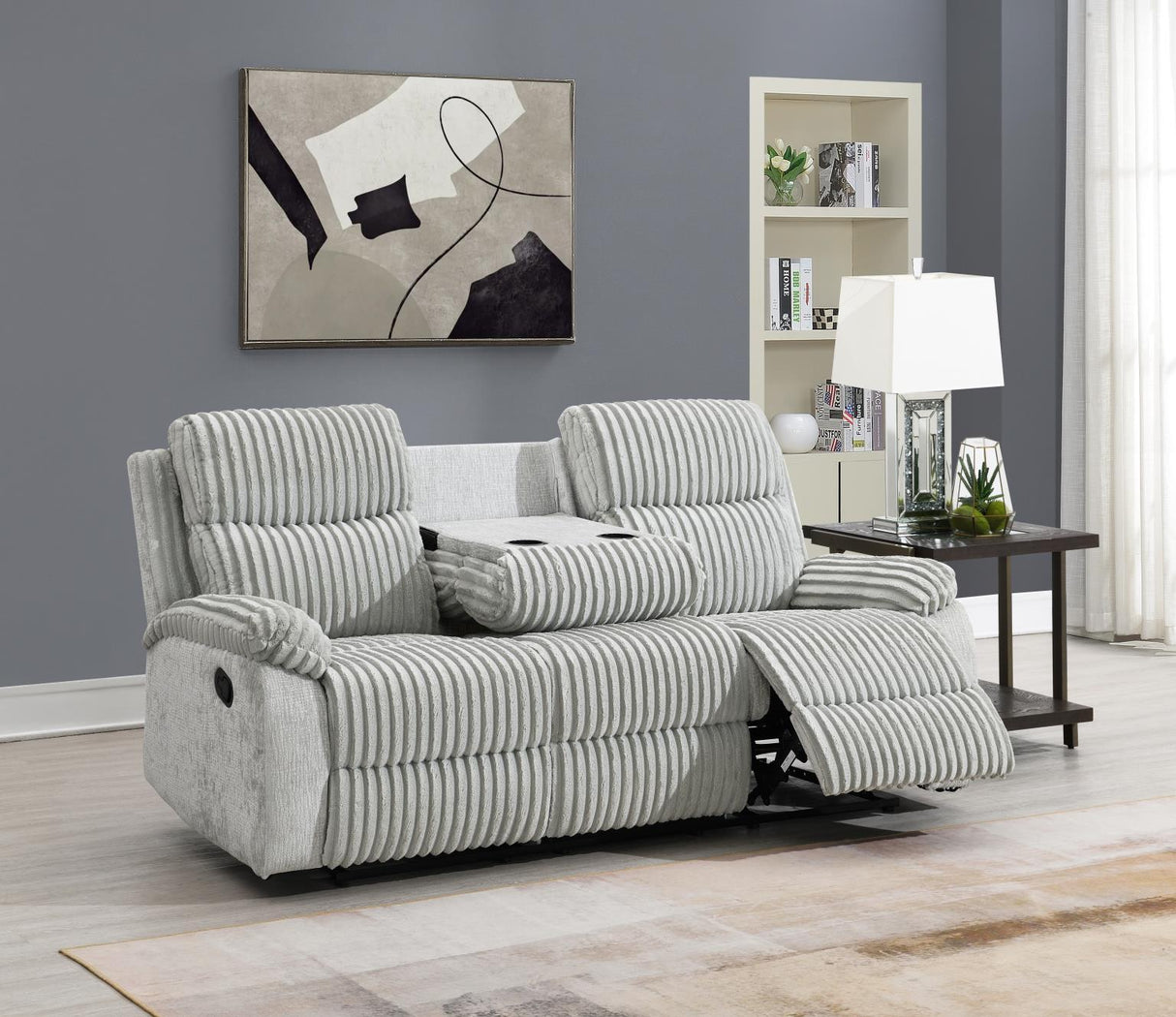 U182 - Corduroy Motion Sofa With Drop Down Table - Gray
