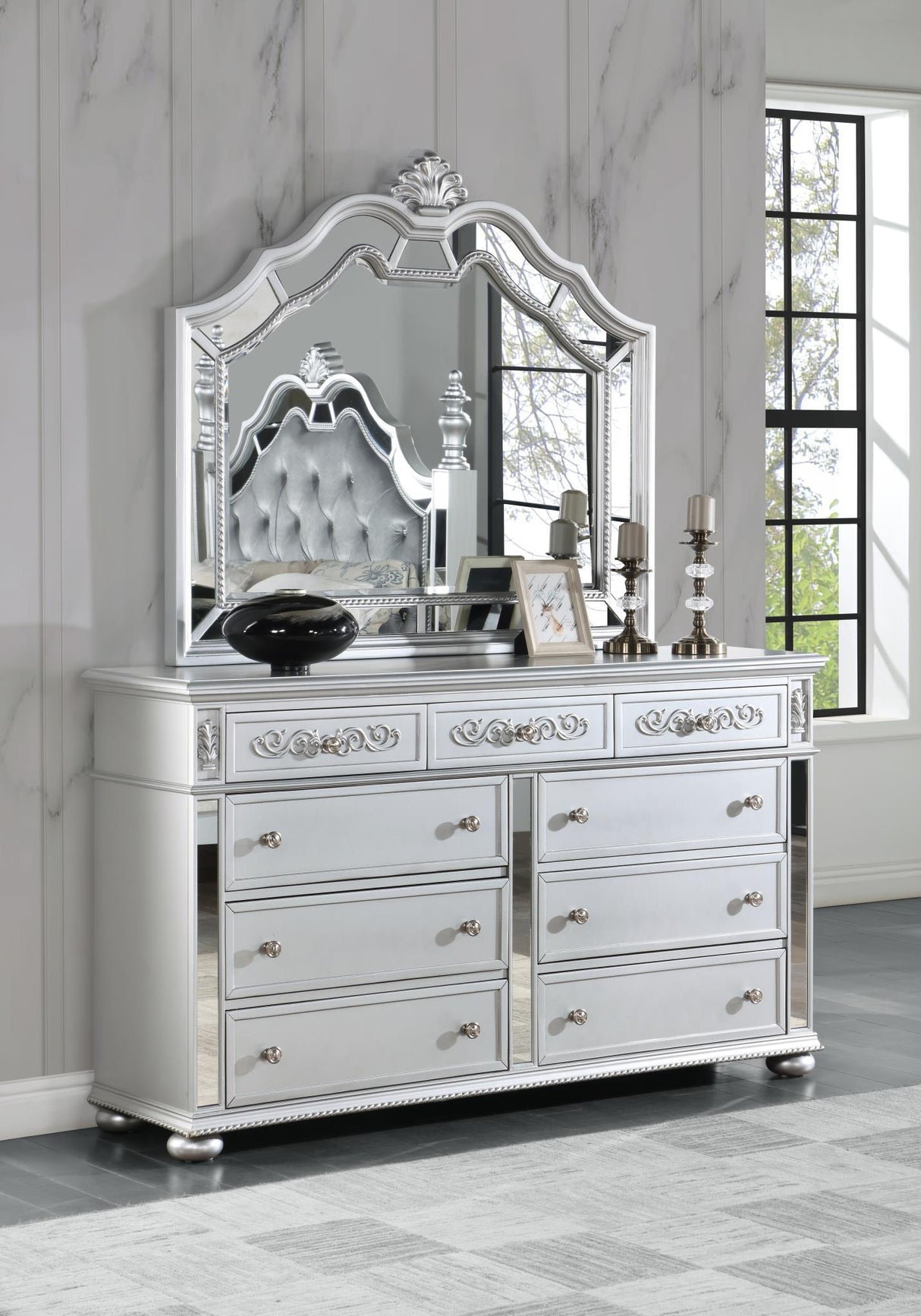 B052 - Dresser And Mirror Closeout Special - Pearl Silver