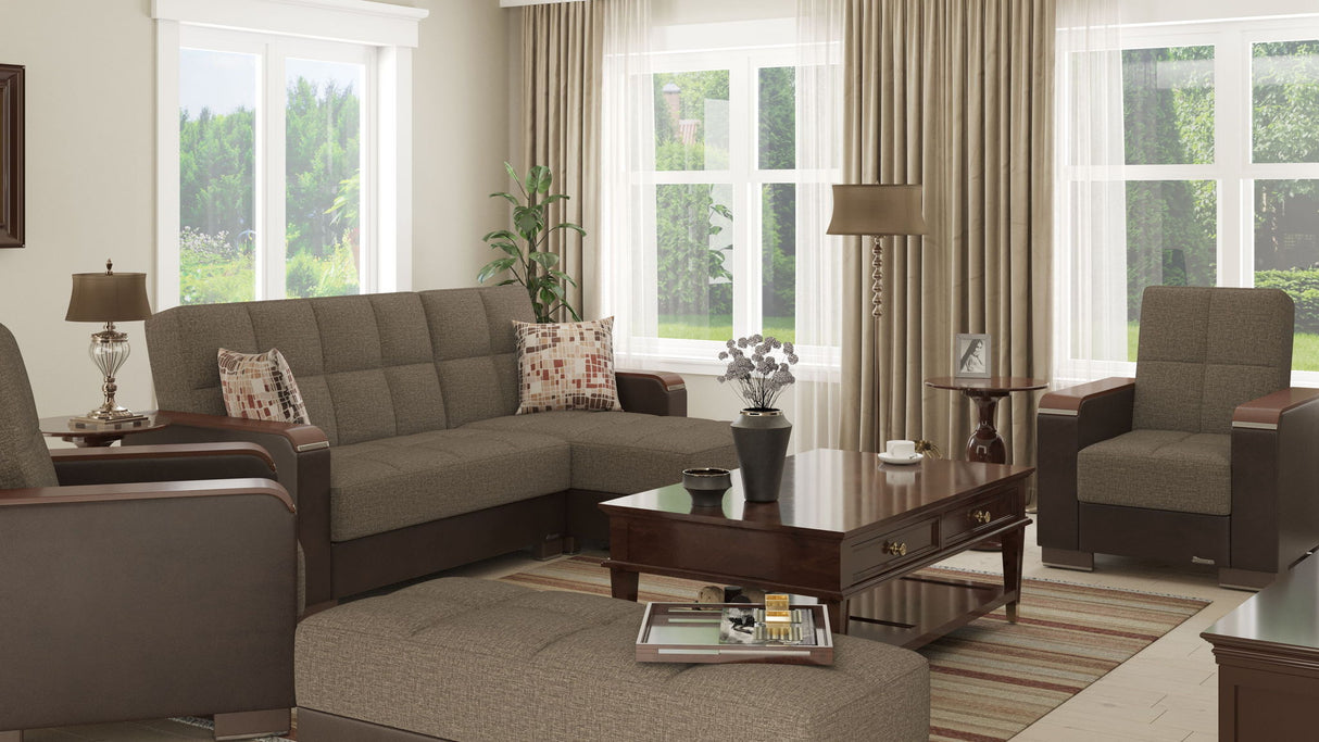 Ottomanson Armada X - Upholstered Convertible Wood Trimmed Chaise Lounge With Storage - Brown PU Polyester