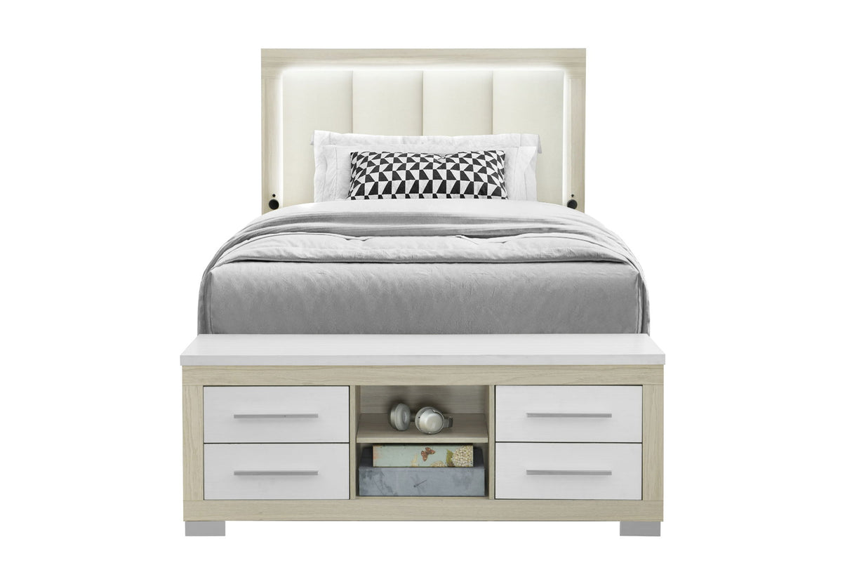 Emma - Full Bed With LED And USB - Light Brown / White