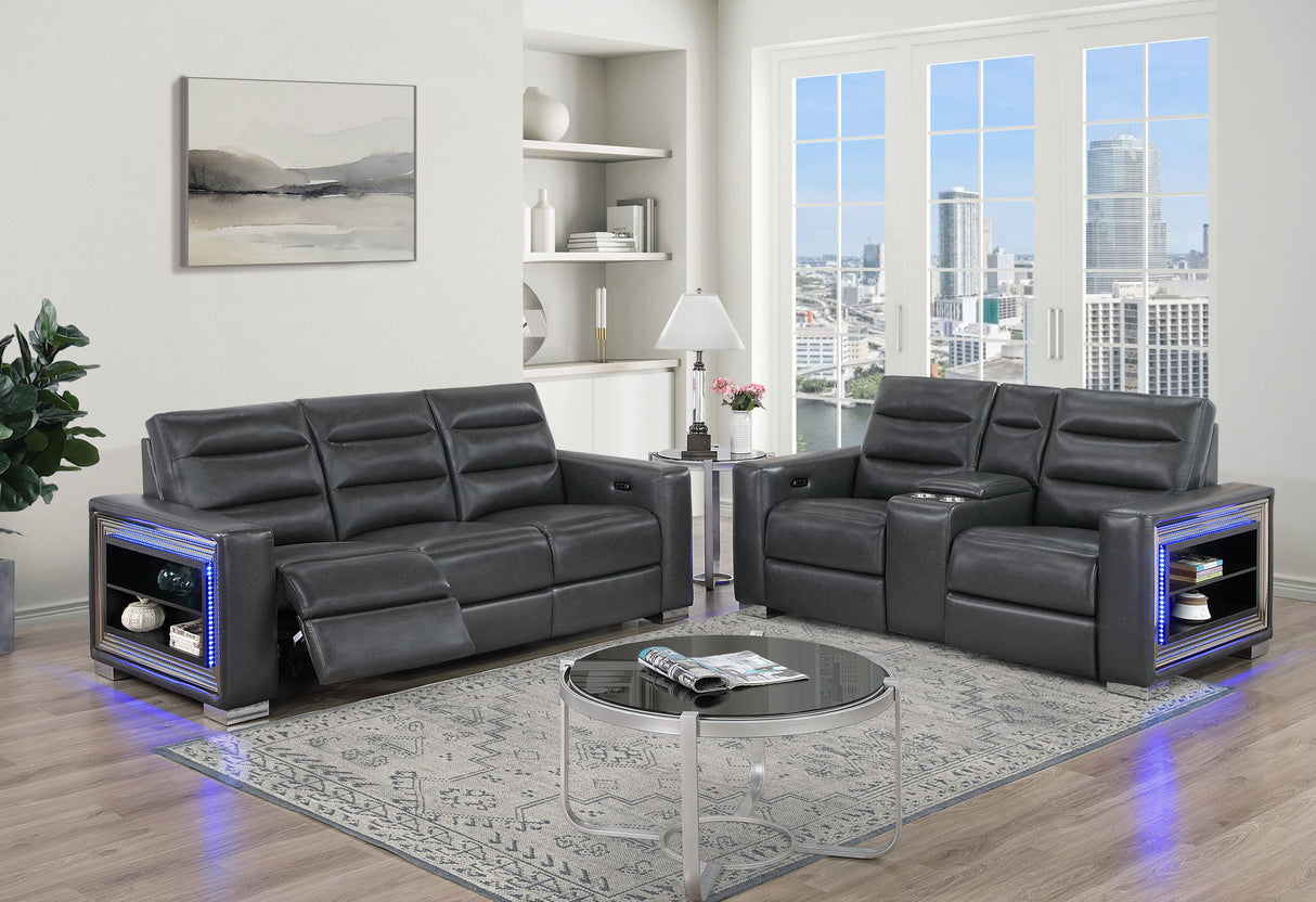 Ylime - Power Reclining Sofa With USB And Bookcase Arm LED, Power Console Reclining Loveseat With Bookcase LED - Charcoal