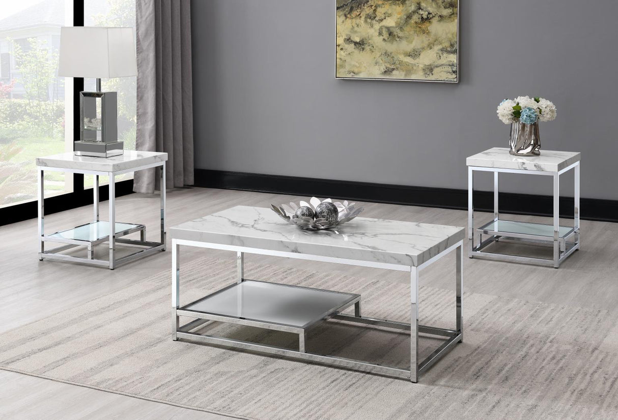 T111 - Chrome Coffee Table & 2 End Tables - White