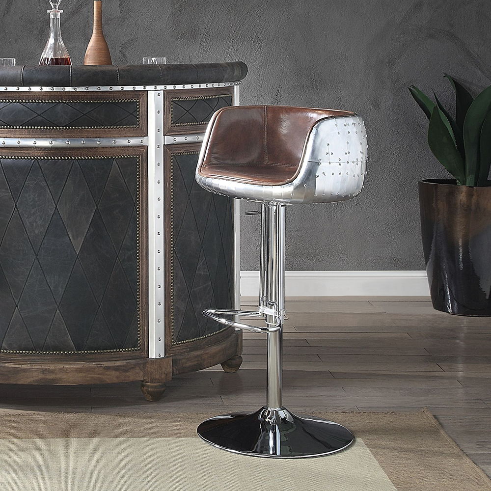 Brancaster - 41" Adjustable Stool With Swivel - Vintage Brown Top Grain Leather & Aluminum