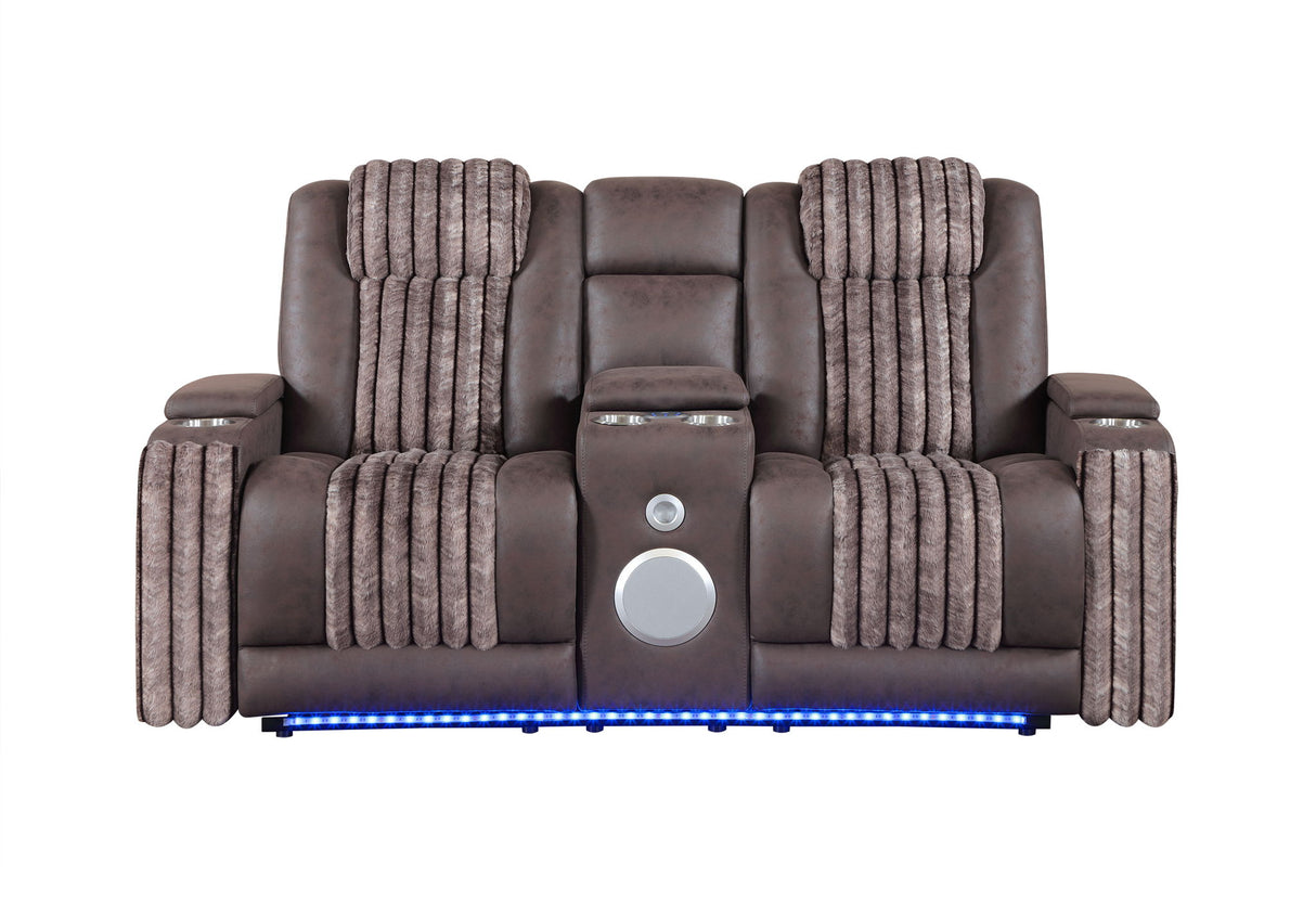 U8000 - Power Reclining Loveseat With Console, Power Headrest, LED Light, Bluetooth Speaker - Brown