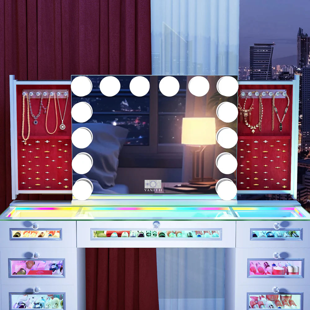 Priscilla Vanity Set with Hollywood Vanity Mirror Pro with Jewelry Cabinet