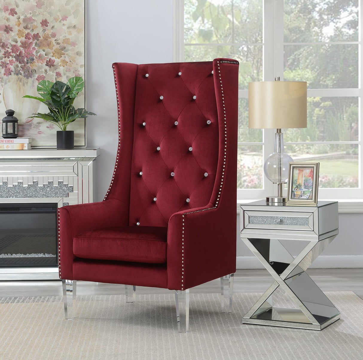 D2091 - High Back Velvet Wing Chair With Acrylic Legs