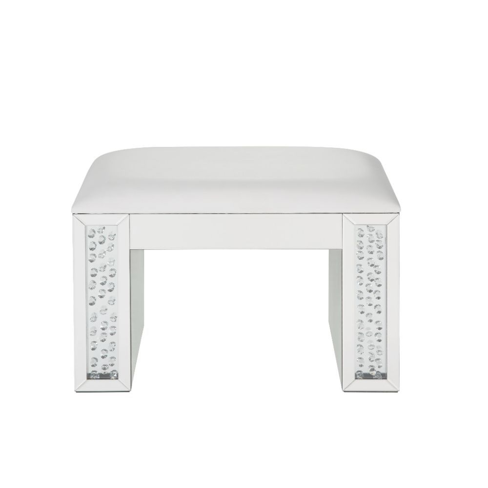 Nysa - Vanity Stool - Ivory Synthetic Leather , Mirrored & Faux Crystals