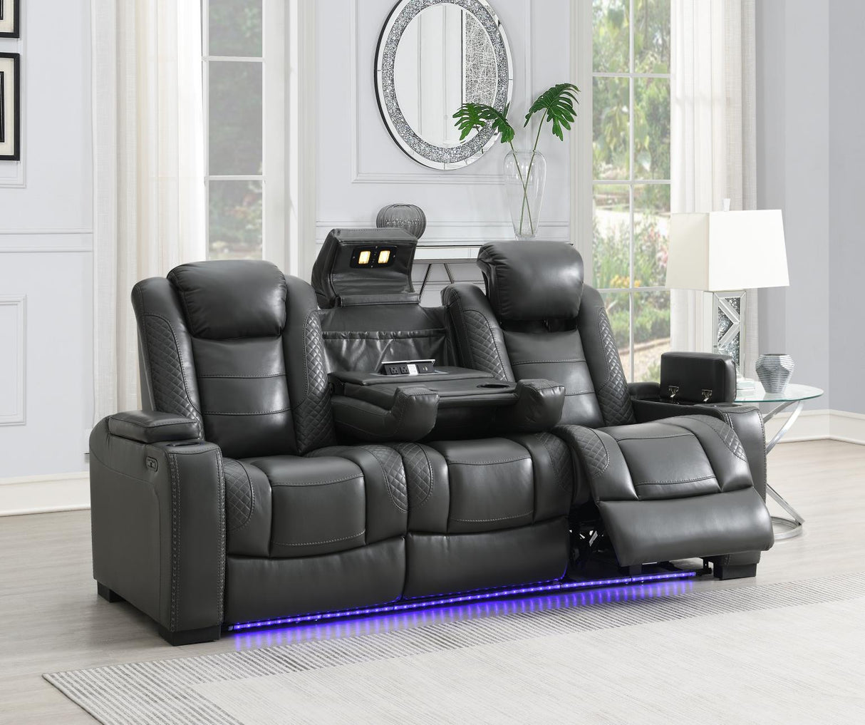 U93 - LED Power Reclining With Power Headrest, Bluetooth Speaker, And Drop Down Table Loveseat - Dark Gray