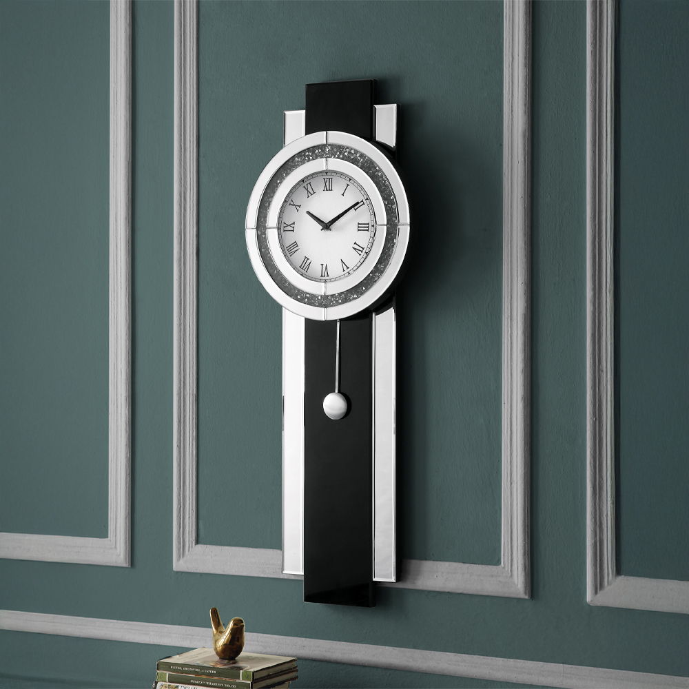 Noralie - Wall Clock - Black, Mirrored & Faux Diamonds
