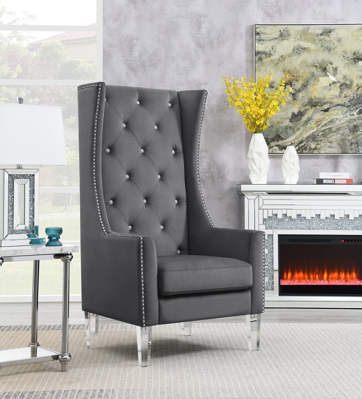 D2091 - High Back Velvet Wing Chair With Acrylic Legs