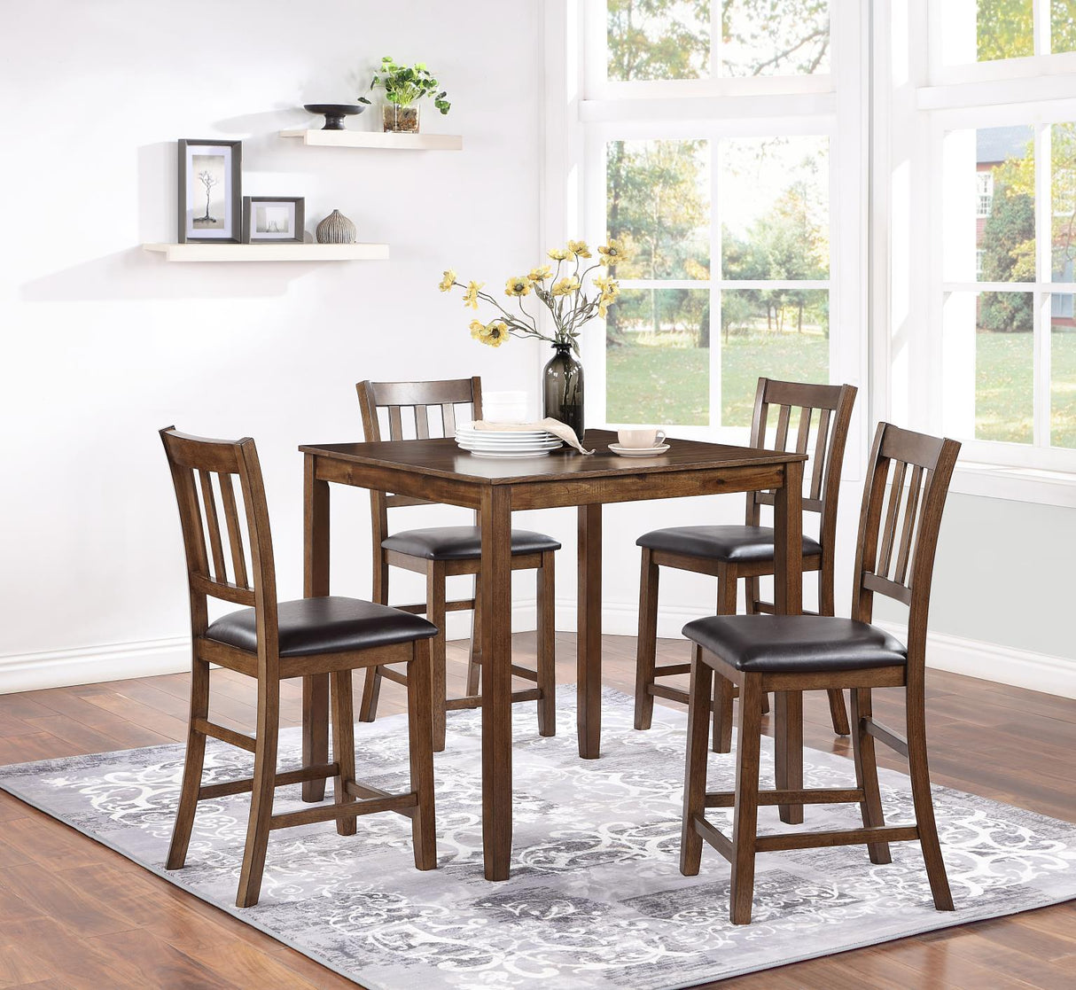 D230 - 5 Piece Dining Room Set (Counter Table With 4 Chairs) - Walnut