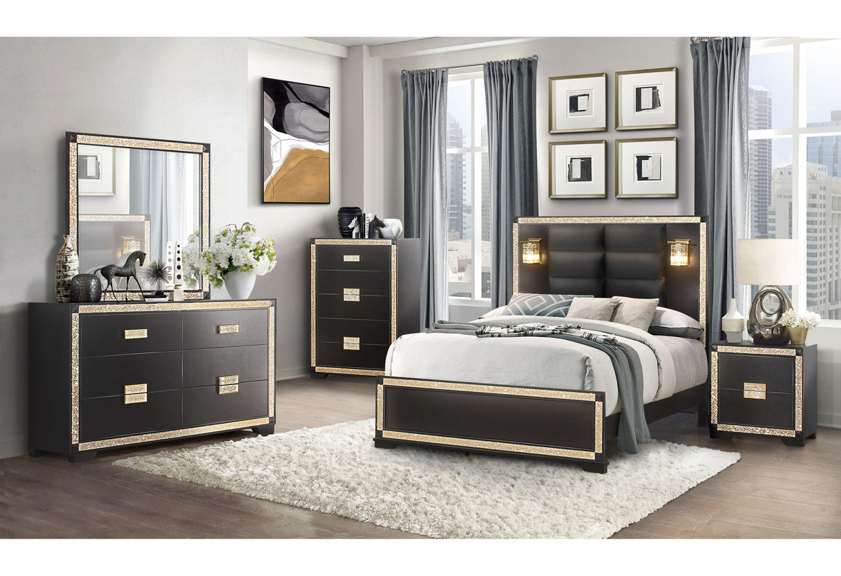 Blake - 6 Piece King Bedroom Set (Bed, Dresser, Mirror, 2 Nightstands, Chest) - Black / Gold
