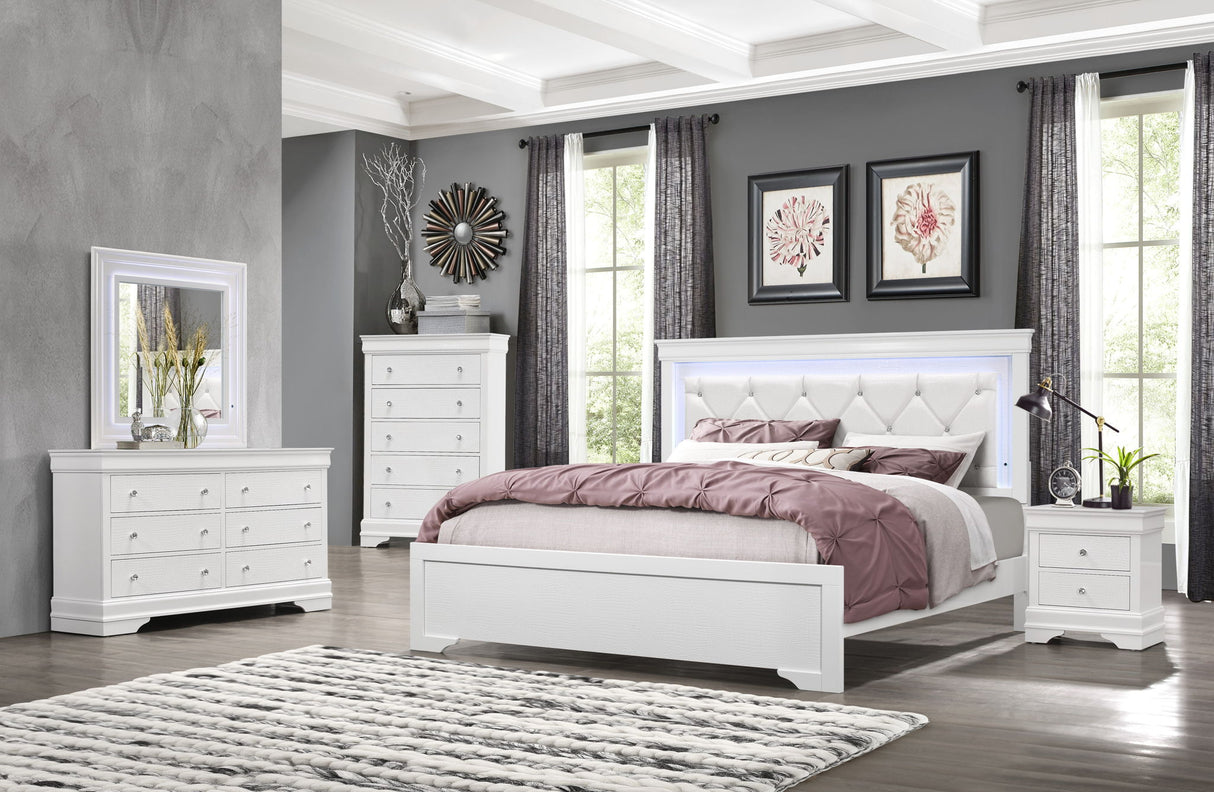 Pompei - 4 Piece Queen Bedroom Set (Bed With Led, Dresser, Mirror, Nightstand) - White