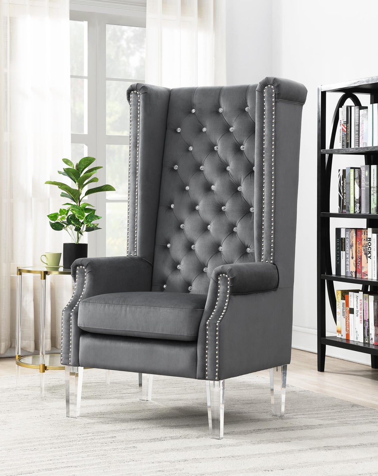 D2090 - High Back Velvet Wing Chair With Acrylic Legs
