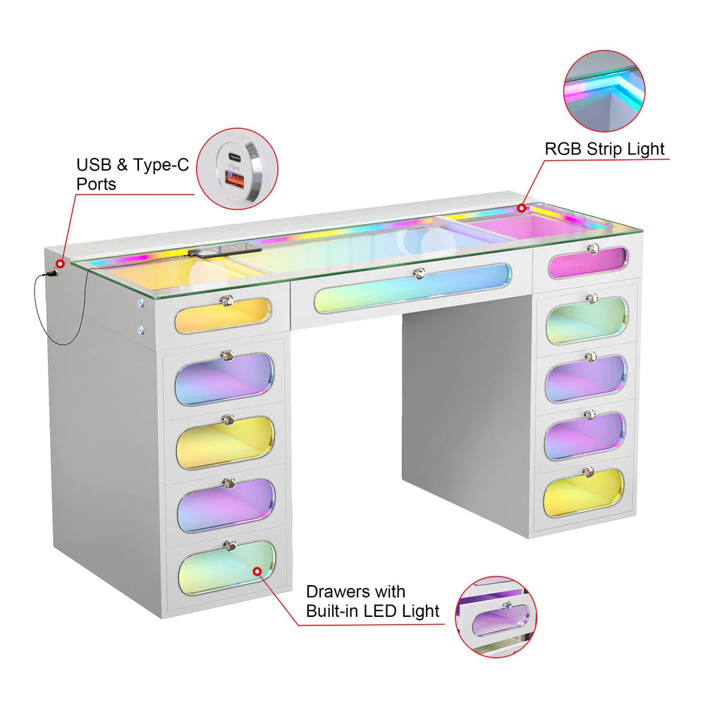 Priscilla Vanity Desk-11 Glass Fronted Drawers with Crystal Handles