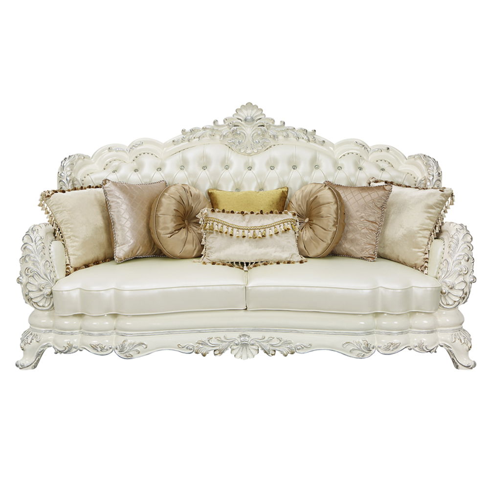 Adara - Sofa With 7 Pillows - Pearl White Synthetic Leather & Antique White