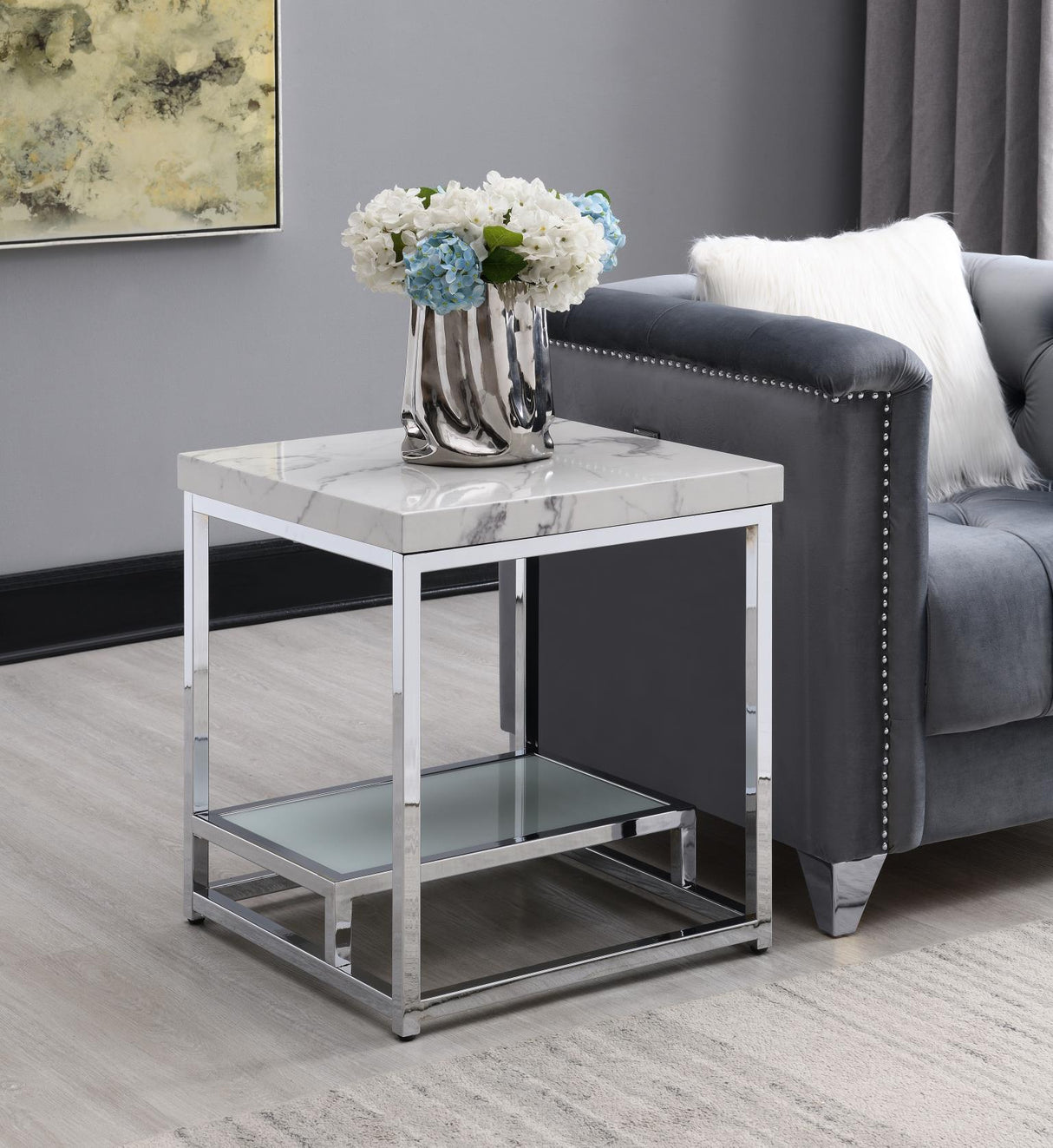T111 - Chrome Coffee Table & 2 End Tables - White