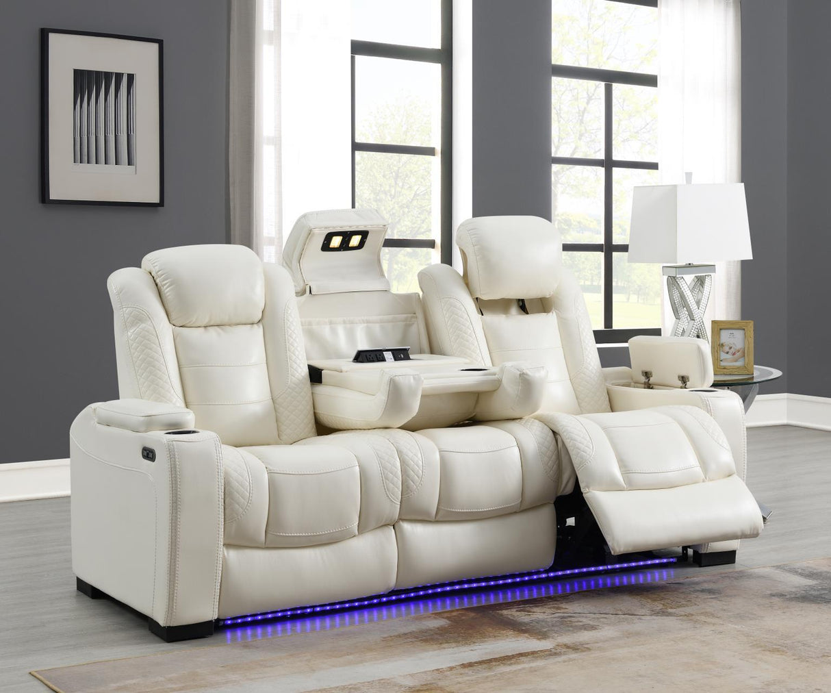 U94 - LED Power Reclining With Power Headrest, Bluetooth Speaker, And Drop Down Table Loveseat - White