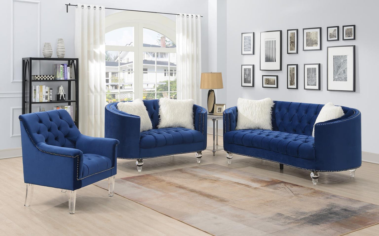 U223 - Loveseat With Two Fur Pillows & Acrylic Legs - Blue