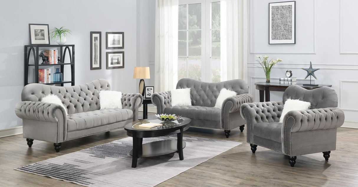U219 - Loveseat With Two Fur Pillows & Wooden Legs - Gray