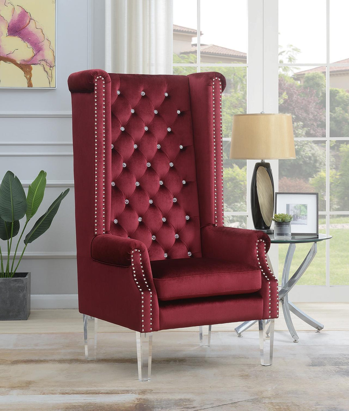 D2090 - High Back Velvet Wing Chair With Acrylic Legs