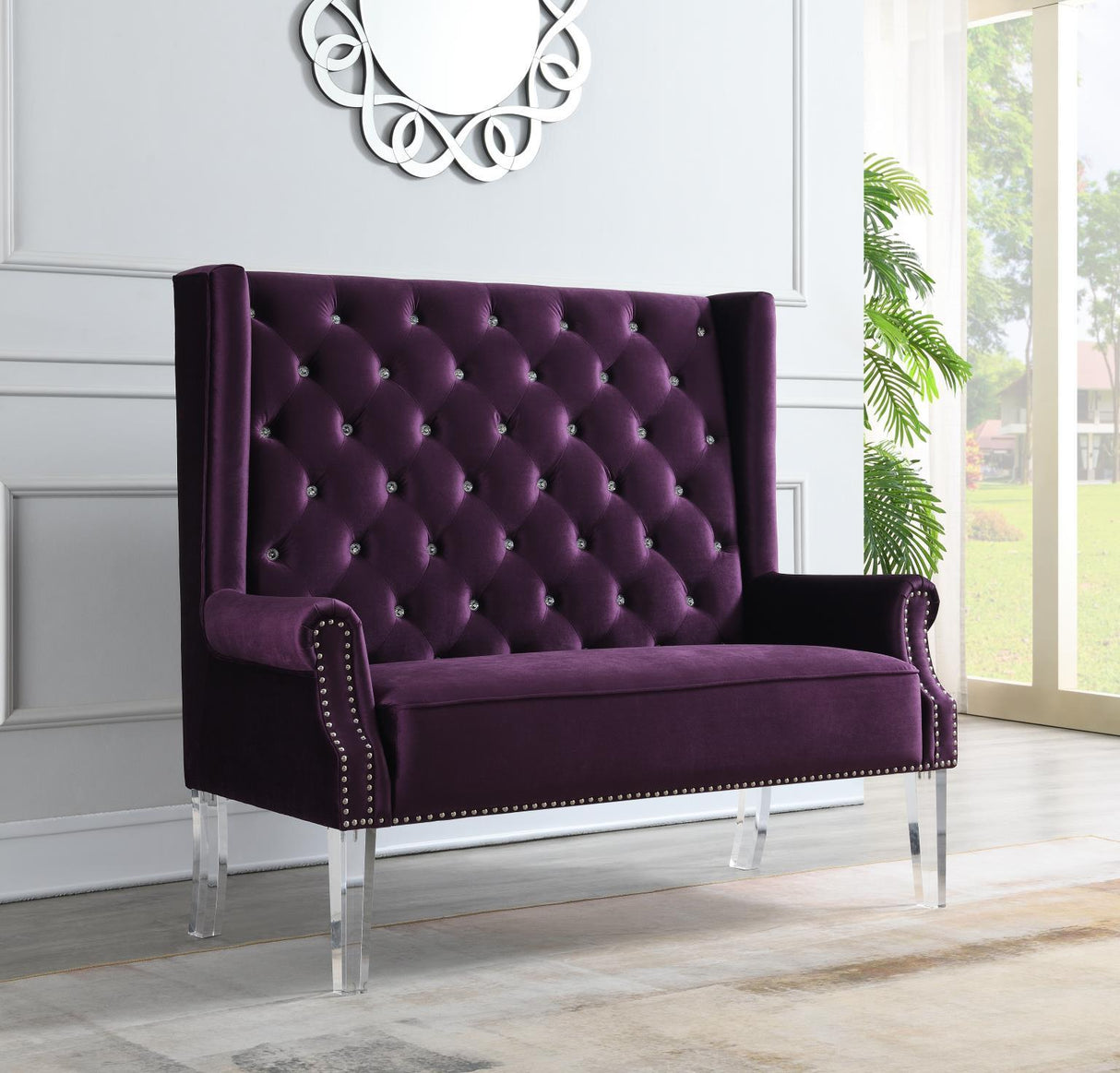 D2095 - High Back Velvet Wing Bench With Acrylic Legs