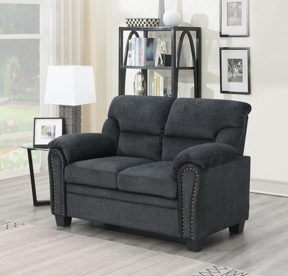 U453 - Chenille Loveseat With Nailhead - Charcoal Chenille
