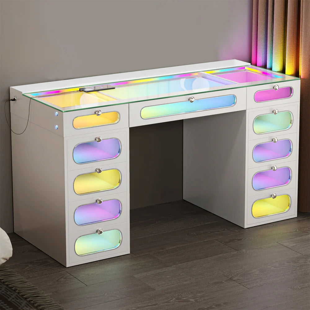 Priscilla Vanity Desk-11 Glass Fronted Drawers with Crystal Handles
