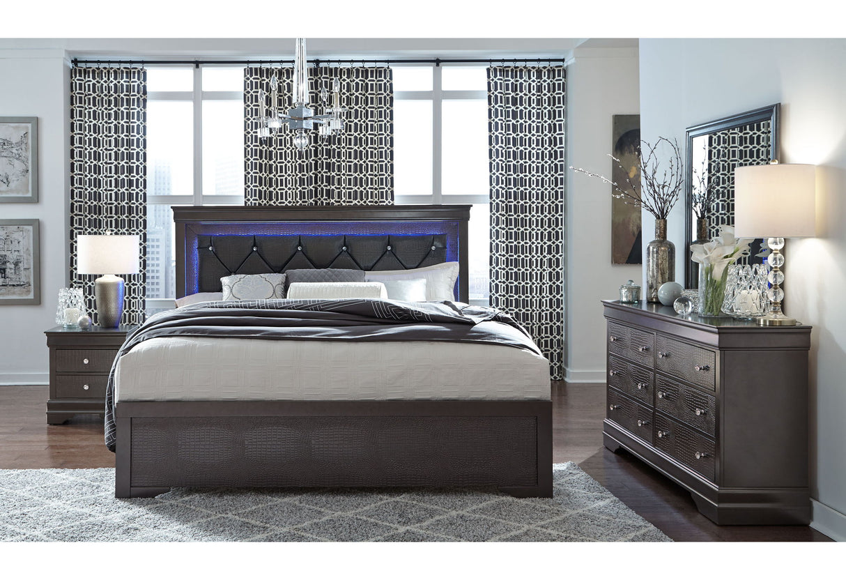 Pompei - 4 Piece King Bedroom Set (Bed With LED, Dresser, Mirror, Nightstand) - Gray