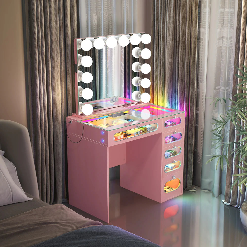 6 Glass Fronted Drawers Priscilla Vanity Desk with Marilyn Vanity Mirror