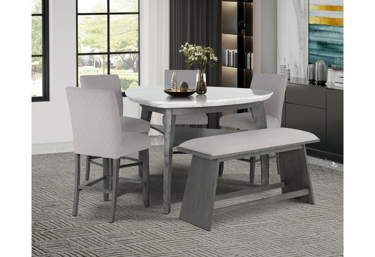 D8192 - 6 Piece Dining Room Set (Triangle Bar Table, Four Bar Stools & Bench) - Light Gray