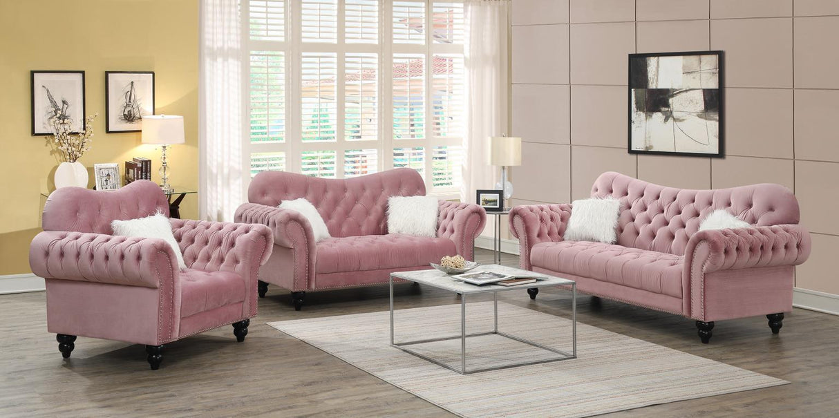 U220 - Sofa With Two Fur Pillows & Wooden Legs - Pink