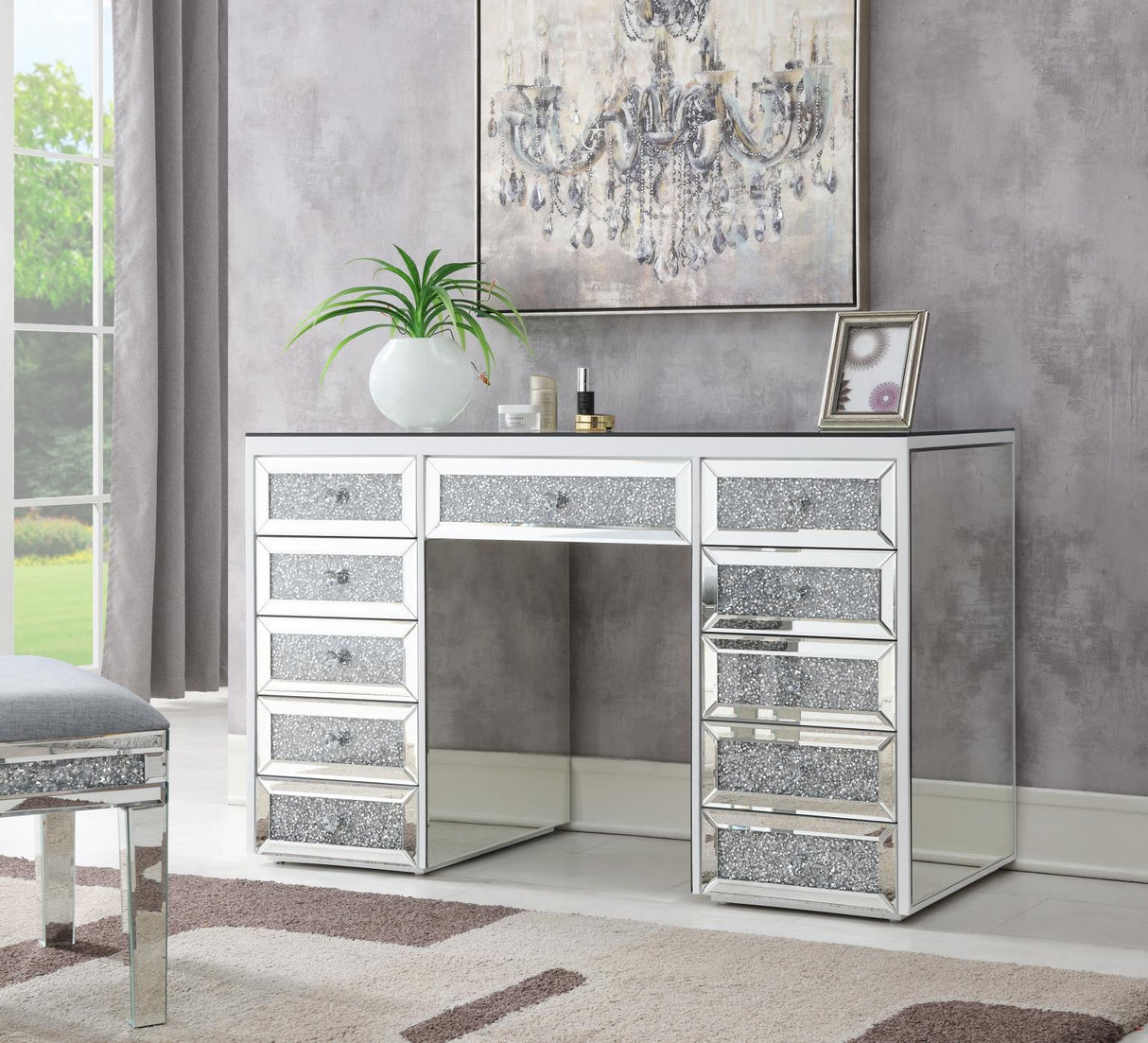 G-310 - Glamour Vanity Set (MDF Dresser + Mirror Bluetooth Speaker With Lights) - Pearl Silver