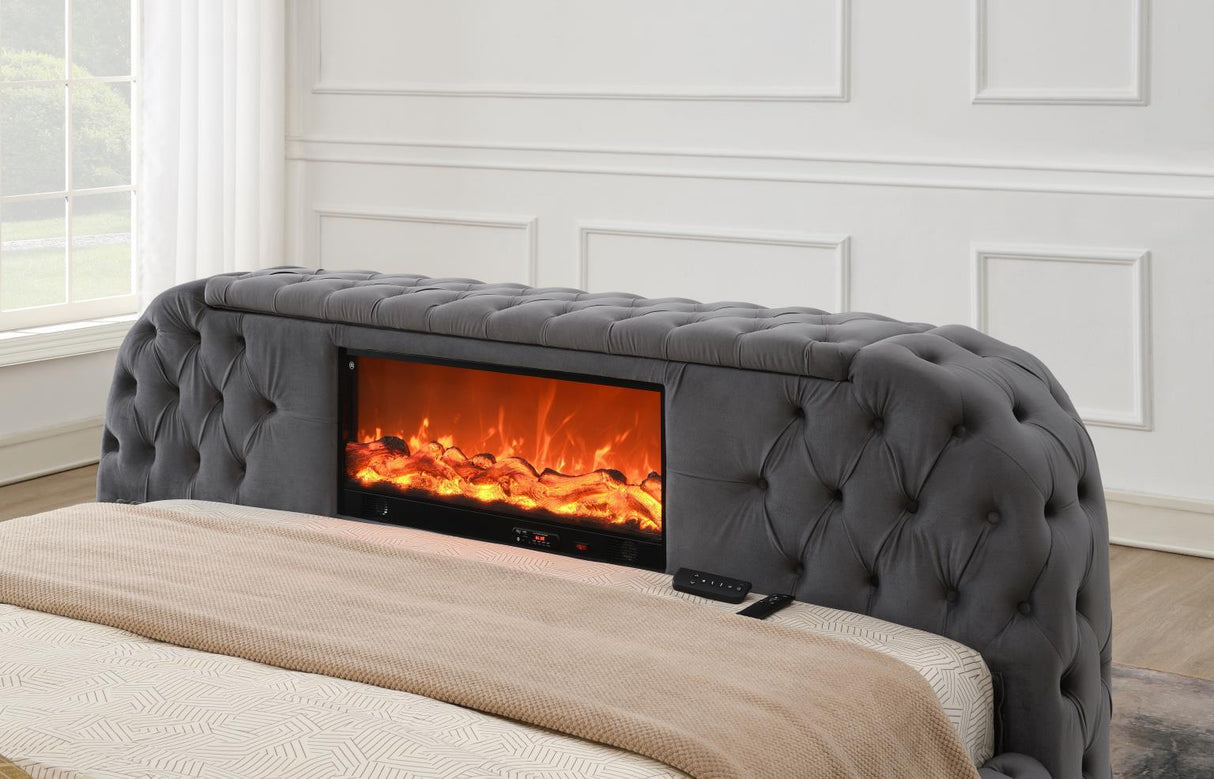 B541 - Velvet Bed With Fireplace, TV Mount & Bluetooth Speaker & USB