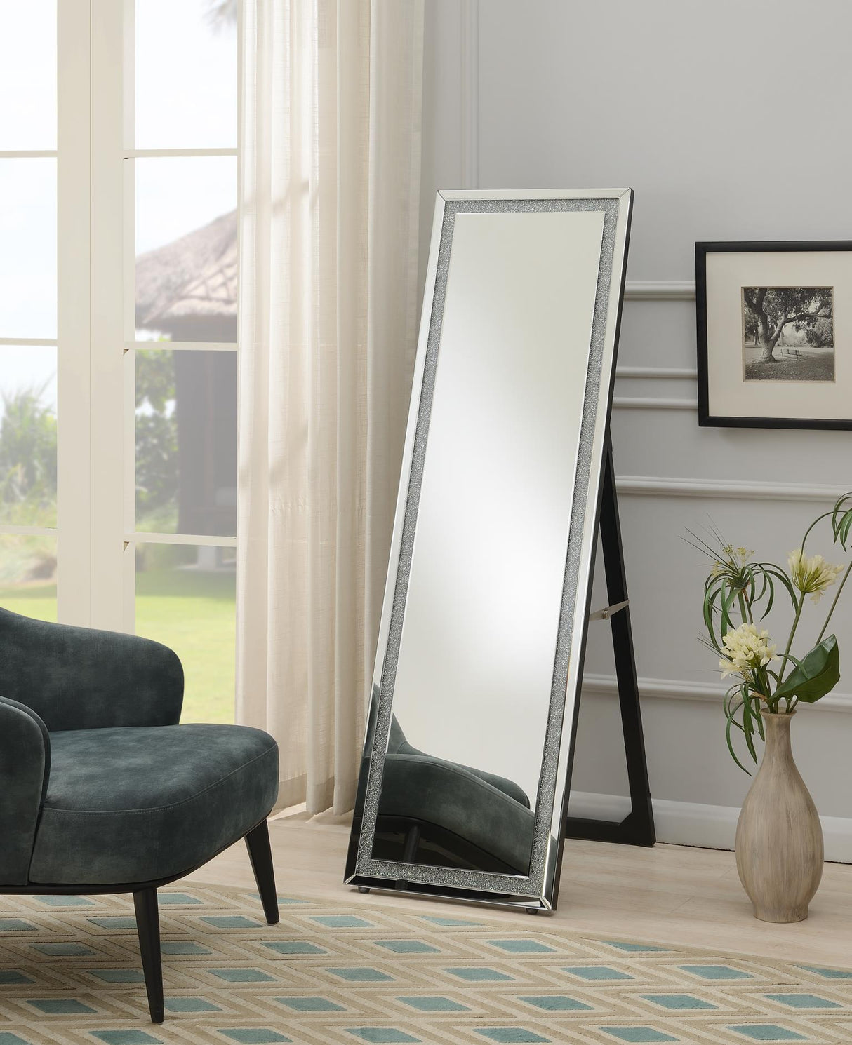 G-355-FM - Glamour Floor Mirror - Pearl Silver