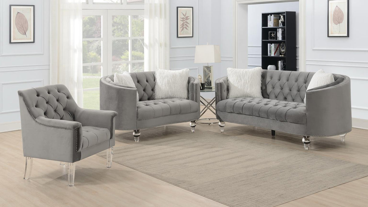 U224 - Loveseat With Two Fur Pillows & Acrylic Legs - Gray