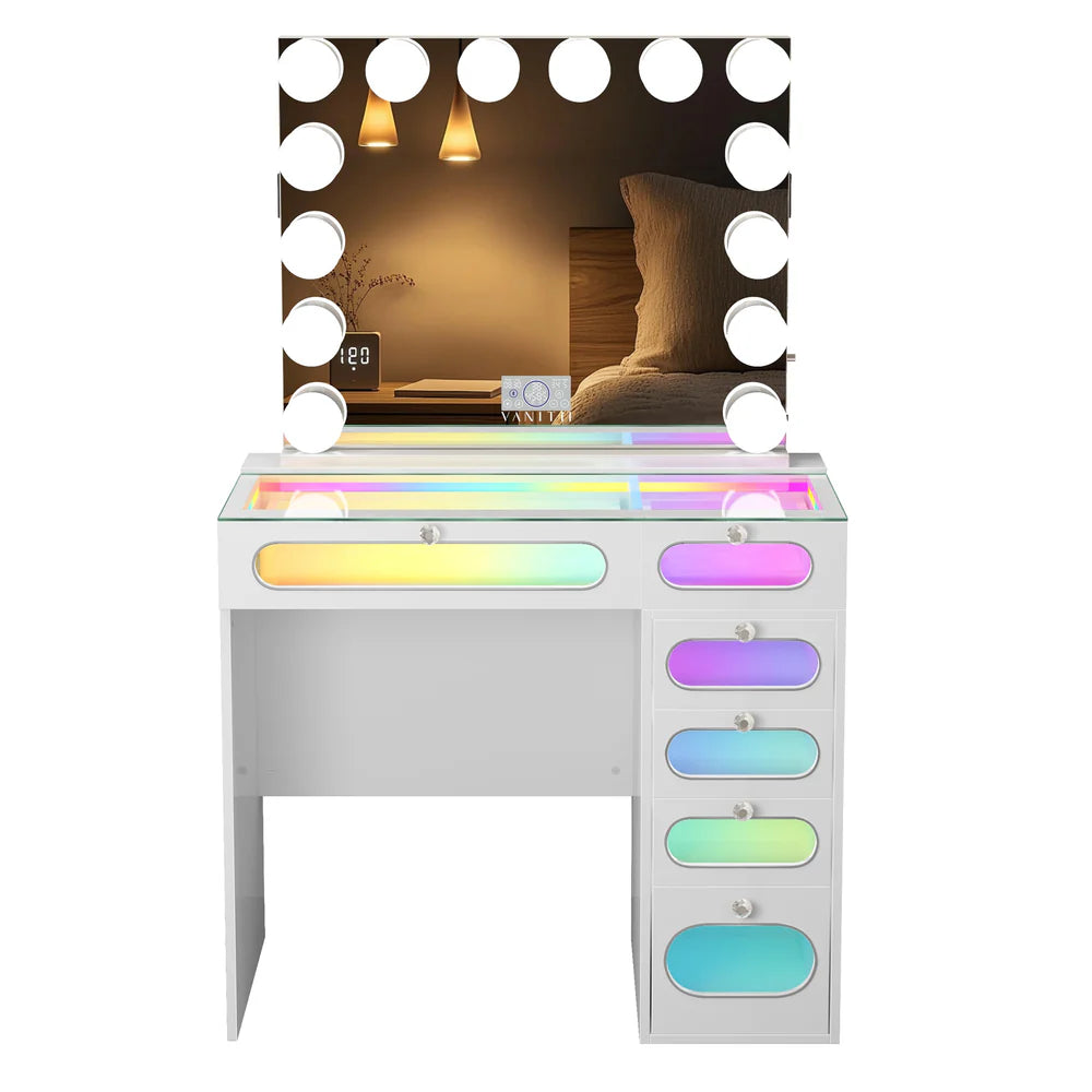 6 Glass Fronted Drawers Priscilla Vanity Desk with Marilyn Vanity Mirror